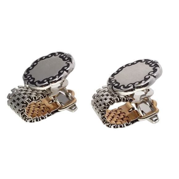 Silver & Gold Tone Cufflinks Engraved Mesh Wrap Sarah Coventry England Black - Picture 4 of 8